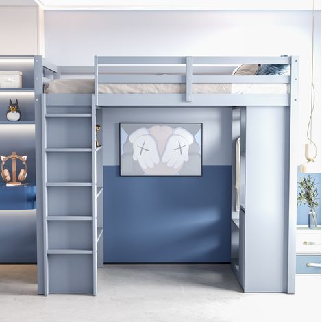 DESVIAE Lit mezzanine enfant 90 x 200 cm avec étagères de rangement penderie compartiments chariot organisateur amovible sommier à lattes bois gris (1/4)
