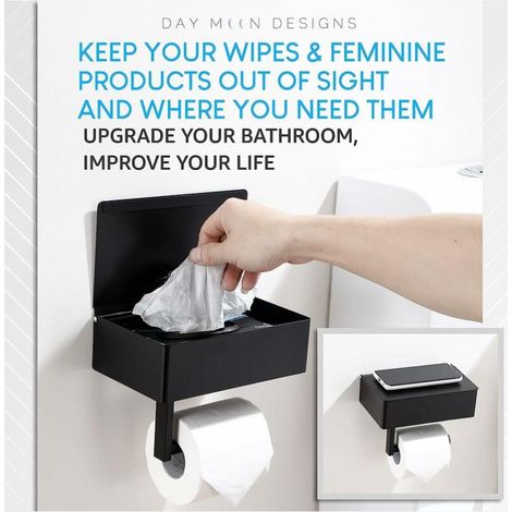 Porte-papier hygiénique avec étagère pour distributeur de lingettes humides et support de rangement pour salle de bain - Organisateur mural en acier inoxydable (1/4)