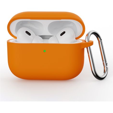 Funda de silicona para AirPods Pro 3 con mosquetón, color naranja.