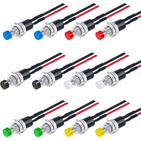 12 pulsadores momentáneos mini precableados de 7 mm, 3 V-6 V-12 V-24 V-230 V/1 A, normalmente abiertos, SPST, de 2 pines, redondos, para modelismo ferroviario.