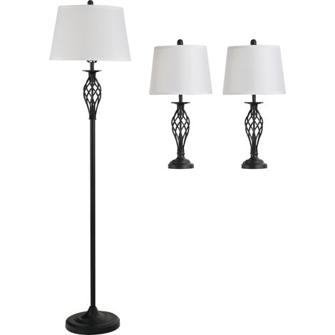 Ensemble de 3 lampes, lampe de sol Ø38cm Ø62cm pour le salon, 1 lampe sur pied lampe de table vintage en métal noir et blanc en coton (1/5)