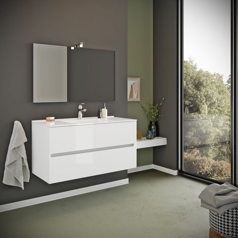 Mobile Bagno Con Cassetti 100Cm Lavabo E Specchio Bianco Lucido Benaco