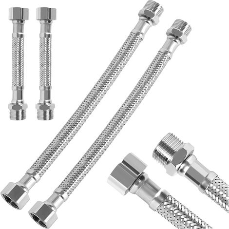 Lot de 4 tuyaux flexibles 3/8 en acier inoxydable 304 renforcés (10 cm et 20 cm) avec filetage mâle et filetage mâle, idéal pour robinet, machine à laver, pommeau de douche, raccords WC (1/5)