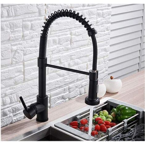 Robinet mitigeur d'évier de cuisine en laiton noir, robinet simple, bec extractible pivotant (1/5)