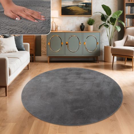 Paco Home Teppich Wohnzimmer Kunstfell Plüsch Hochflor Shaggy Weich Verschied. Farben Anthrazit, 80 cm Rund