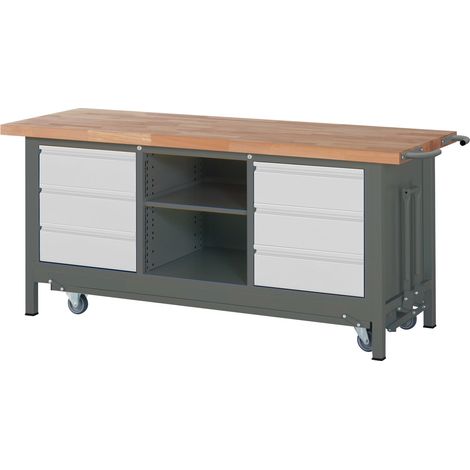STIER Werkbank Premium mit abs. Fahrgestell, 6 Schubladen und einem offenen Fach BxTxH 2000x700x880mm (1/5)