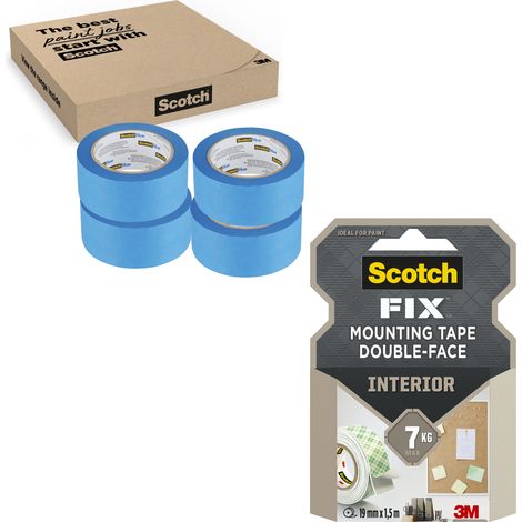 Pack ScotchBlue™ & Scotch-FIX™ : Ruban de masquage multi-surfaces et Ruban d'assemblage intérieur mousse murs bois métal carrelage (1/3)