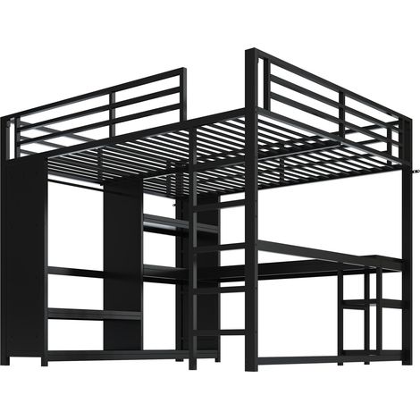 Letto a soppalco in metallo 160x200 nero con scrivania LED guardaroba aperto HOMVRA (1/5)