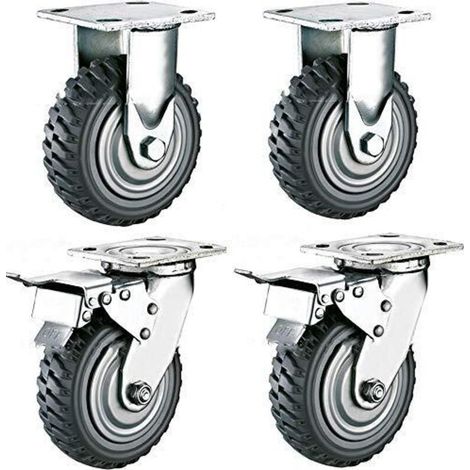 Satz mit 4 Schwerlast-Lenkrollen - 150 mm - Mit 360° drehbarer Bremse - Vollgummi - Luftbereifung - Tragfähigkeit 900 kg - (2 feste Rollen + 2 Bremsrollen)