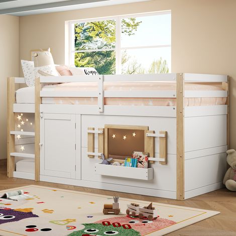 Cama alta infantil blanca 90x200 cm, de madera maciza y MDF, con escalera y somier de láminas incluido (1/5)
