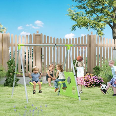 Portique balancoire enfant 4 en 1 avec sièges et face à face, panier de basket-ball et but de football, charge 135 kg (1/5)