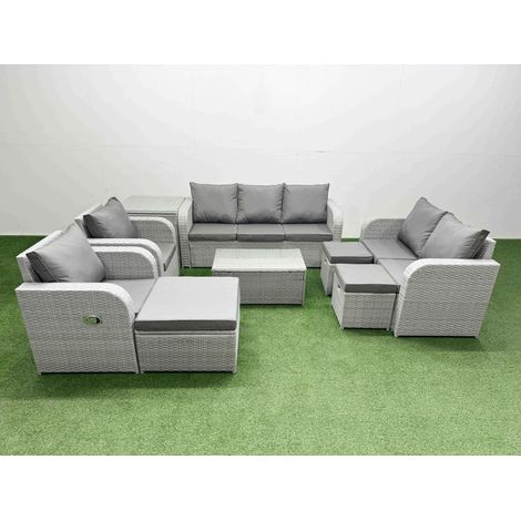 Fimous PE Rattan Garden Furniture Set Adjustable Chair Sofa Double Love Seat 2 Seater Sofa Lounge Set Oblong Coffee Table 3 Stools Side Table Light Grey (1/4)
