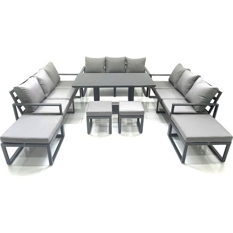 Fimous 13 Seater Garden Sofa Set Aluminium Furniture Rising Dining Tabe Set with 4 Footstools Dark Grey (1/5)