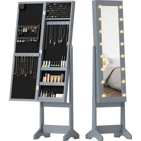 Armoire à Bijoux avec Miroir Pleine Longueur LED Gris