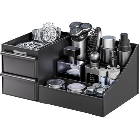 Kosmetik-Organizer in Mattschwarz für Herren, mit Schubladen, zur Aufbewahrung von Parfüm und Hautpflegeprodukten, fürs Badezimmer. (1/5)