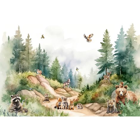 Carta da parati fotografica per bambini con animali del bosco, amici, uccelli e piante M145 200x135 (1/5)