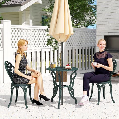 Ensemble Salon de Jardin 2 Places 2 chaises + Table Ronde Style néo-rétro Motif Rose Lignes fuselées Fonte d'aluminium Vert Vieilli