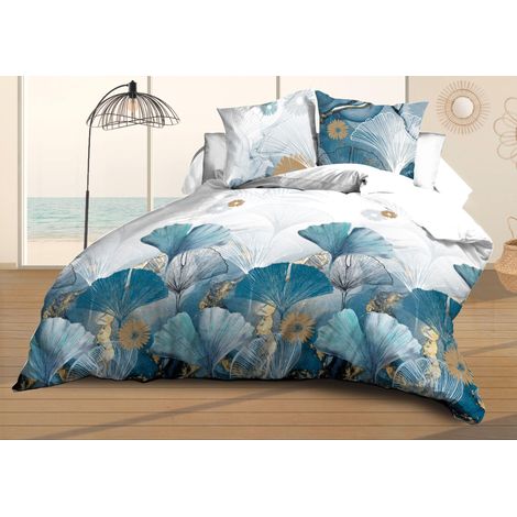Housse de Couette 220x240 + 2 taies - Microfibre Douce et résistante - Entretien Facile - Ginko, Blue (1/5)