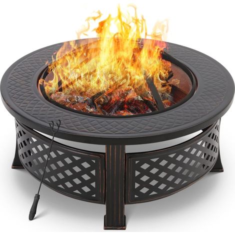 TLGREEN Braséro Barbecue Exterieur avec Housse de Protection, 3 en 1 Cheminée de Jardin, 80x80x54cm, Chauffage en Hiver, avec Grill Acier Inoxydable, Pare-Étincelles, Fourche à feu (1/5)