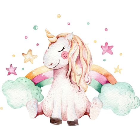 Tableau licorne multicolore | Tableau animaux chambre de fille | Tableau sur toile blanc & rose pour chambre d'enfant & bébé - 0,7 x 0,5 m (1/2)