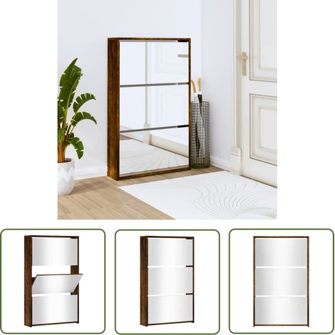 The Living Store Schuhschrank mit Spiegel 3 Fächer Räuchereiche 63x17x102,5 cm - Schuhschrank - Schrank - Regal - Schuhregal - Garderobe (1/5)