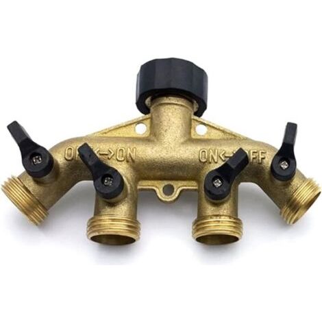 Séparateur de tuyau en laiton à 4 voies, collecteur de robinet de tuyau en laiton de 3/4 pouces, séparateur de robinet de connecteur de tuyau de jardin, laiton solide-jaune (1/5)