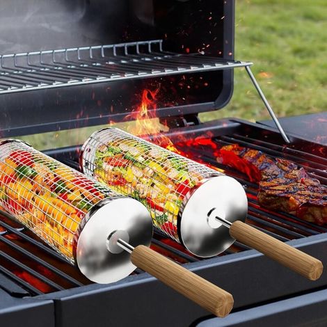 Pack Stainless Steel Grill Basket with Removable Wooden Handles, Rolling Grill Basket with Stainless Steel Outdoor Grilling Accessories MUMU (1/4)