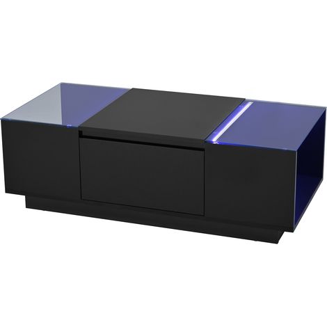 Tavolino da caffè moderno 105 cm con LED, piano in vetro, 2 cassetti e vano contenitore nero (1/5)