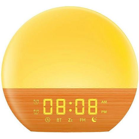 Lumière de réveil naturelle simulant le lever du soleil avec effet bois, lumière d'ambiance respirante sept couleurs, réveil avec haut-parleur Bluetooth et bruit blanc, style européen. (1/5)