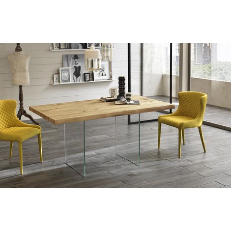 Tavolo Allungabile Snooker Rovere Naturale 160-240cm con Gambe in Vetro Temperato Extra Trasparente - Design Moderno ed Elegante (1/5)