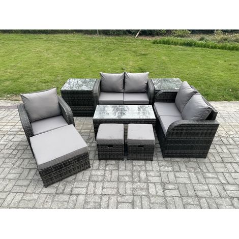 Fimous 8-Sitzer Rattan Gartenmöbel Sofa Set Tisch & Stühle Set mit 2 Beistelltischen 3 Hockern Dunkelgrau Gemischt (1/5)