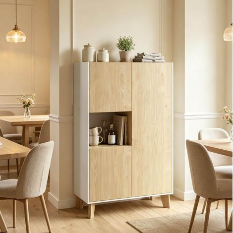 Buffet 80x40x135 cm en MDF et panneaux de bois blanc, avec rangement pour salon FloraGrace (1/5)