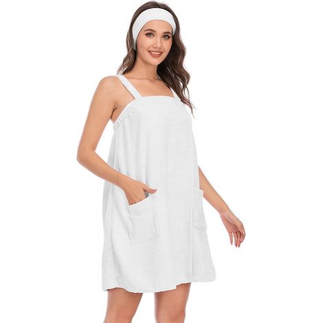 Peignoir De Bain Femme - Serviette Enveloppante Avec Poches Et Bretelles - Bandeau Pour Visage Inclus - 1 Pièce (1/5)