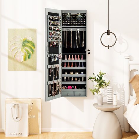 Armoire à Bijoux avec Miroir et Lumière LED Multiples Rangements avec Crochets pour Porte 120 x 36 x 10 cm Gris (1/2)