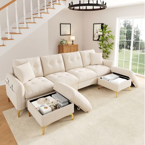 Canapé-lit modulable 4 places en U en chenille avec 2 poufs de rangement beige (1/5)