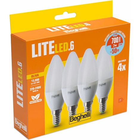 LAMPADA LED CF.4PZ OLIVA E14 7W 3000K "BEGHELLI LITE LED 58043"