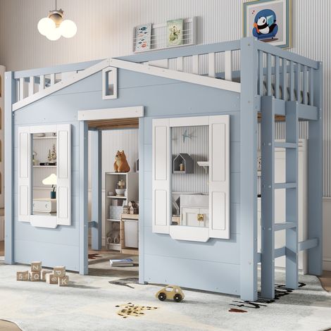 Kinder-Hochbett 90x200 cm mit beidseitig montierbarer Leiter blau-weiß OKMYHOME (1/5)