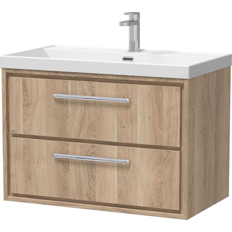 Longnor 2 Drawer Wall Hung Vanity Unit with 1 Tap Hole Thin Edge Basin, Light Oak, 800mm