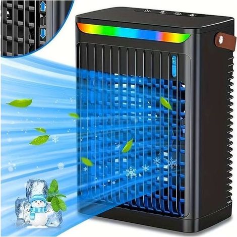 Tragbare Klimaanlage, Mini-Ventilator, 5 Geschwindigkeitsstufen, Verdunstungskühlung, 680 ml, 7 LED-Leuchten, Schwarz -KZQ (1/4)