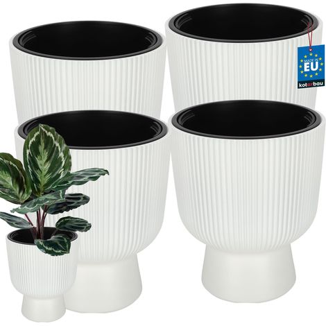 KOTARBAU® Lot de 4 Pot de Fleur - Pot Plastique Plante Ø 29 cm - avec Bac Intérieur - Pot de Jardin - Pot de Fleur Exterieur - H : 36 cm - PVC - Blanc - Nervuré (1/4)
