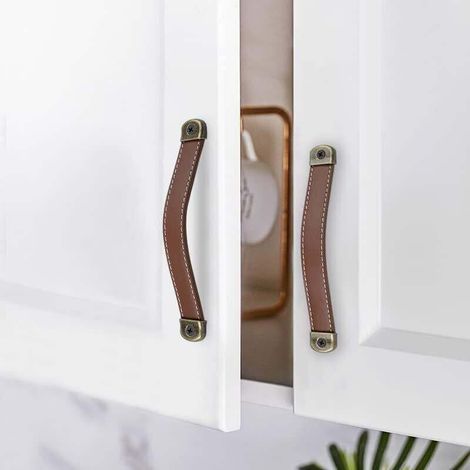 Lot de 6 Poignées de Meubles en Cuir Vintage Brun pour Armoire Cuisine Entraxe 128mm (1/3)