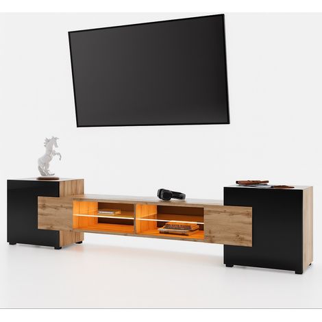 Dusine – Meuble TV PABLO 230 cm – Bois chêne et noir mat – Éclairage LED RGB intégré – Design moderne pour salon élégant (1/5)