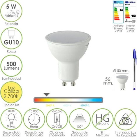 Bombilla Led Dicroica Rosca GU10. 5 Watt. Equivale A 50 Watt. 500 Lumenes. Luz Cálida (2700º K.)