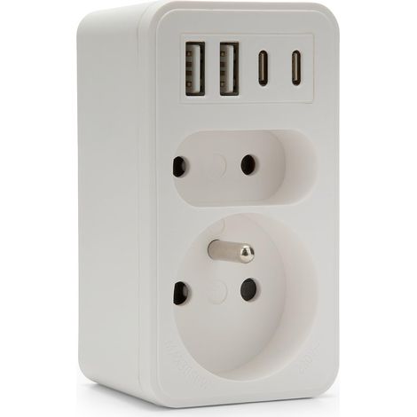 Multiprise Frontale Biplite avec 2 Prises 16A + 6A Norme Française, 2 USB-A et 2 USB-C - 6 en 1 pour Téléphone, Tablette (1/5)