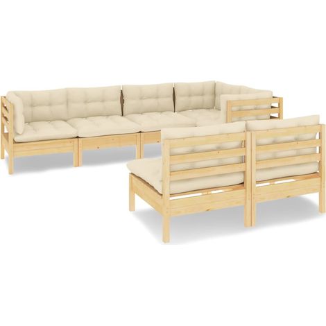 INLIFE Salon de jardin 7 pcs avec coussins crème Bois de pin massif (1/5)