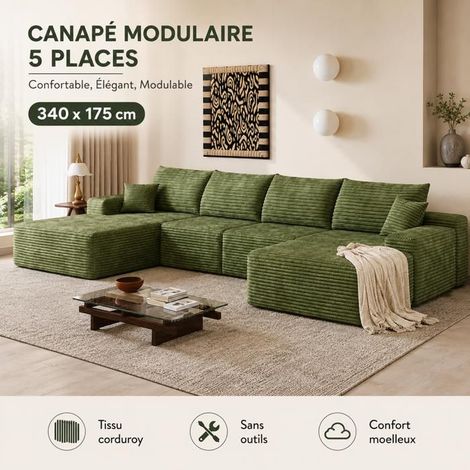 Canapé d'Angle Modulaire 340cm, Méridienne Gauche et Pouf, Velours Côtelé Vert, Mousse Sans Armature, Aucun Montage Requis (1/5)