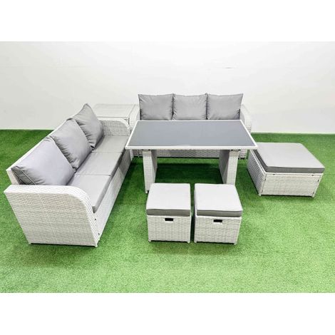 Fimous 9 Seater Rattan Outdoor Dining Table 3 Seater Sofa Set with Side Table 3 Stools Light Grey (1/4)