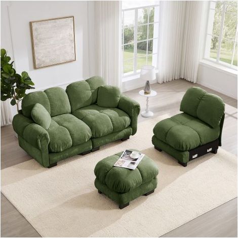Canapé Modulable 3 Places (268cm) Tissu Chenille Vert - Canapé d'angle - Ottoman Réversible, Coussins Épais, Confort Nuage (1/5)