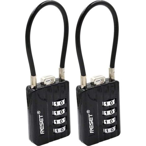 RESET-200 Cadenas à combinaison avec câble, 4 chiffres, 3 mm, 12 cm, x2 Contient 2 cadenas. Longueur 12 cm du câble seul, hors boîtier câble de 3 mm et embout doivent franchir chaque ouverture. (1/5)