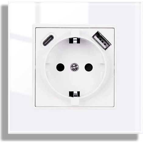 Prise en verre avec port USB blanc, USB A et port de type C max. 2,1 A, 16 A, vitre en verre trempé, prise 86 mm x 86 mm, 1 compartiment, 250 V (1/5)